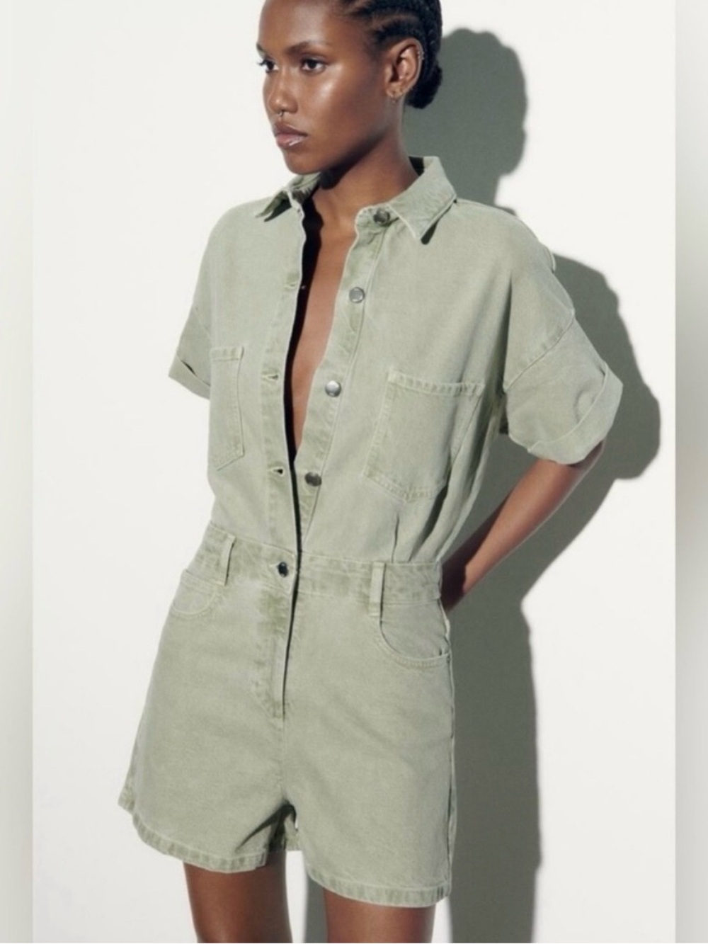 Sage green denim short sleeve romper